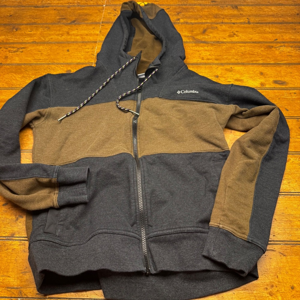 Columbia Mens Full Zip Hoodie Colorblock Gray Brown Fleece Sweatshirt Size M